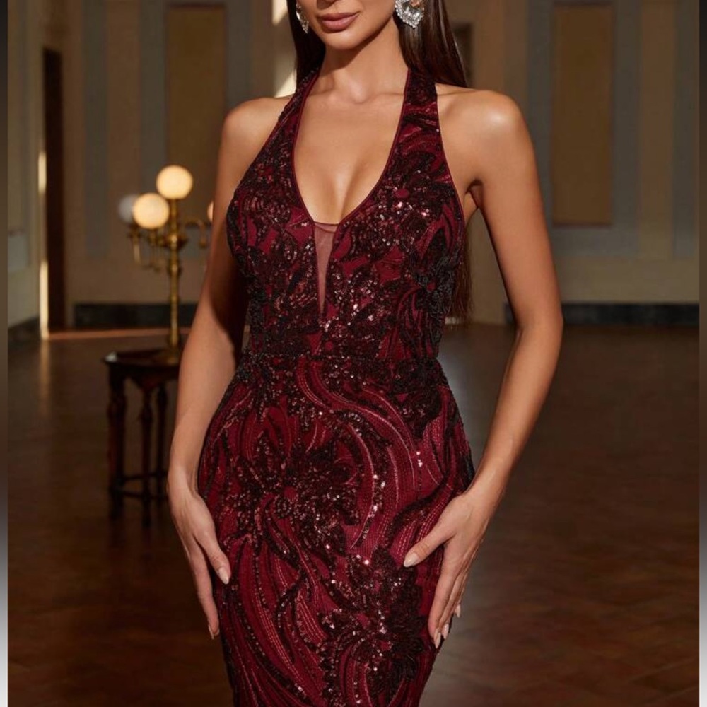 Luxe plunging V neck sequins mermaid hem party formal evening bridesmaids dress - Picture 4 of 6